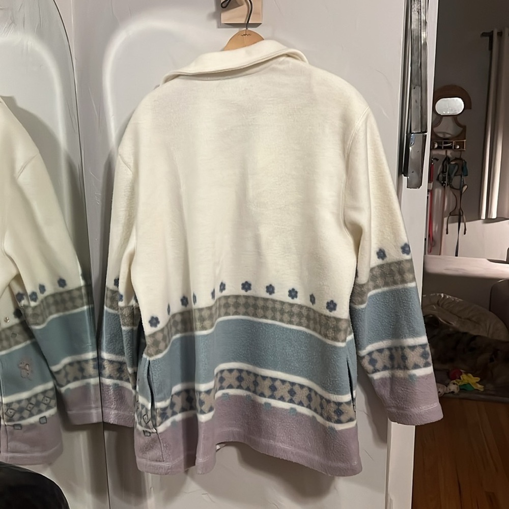 Alfred Dunner Cream and Blue Patterned fleece Jacket - Picture 3 of 4